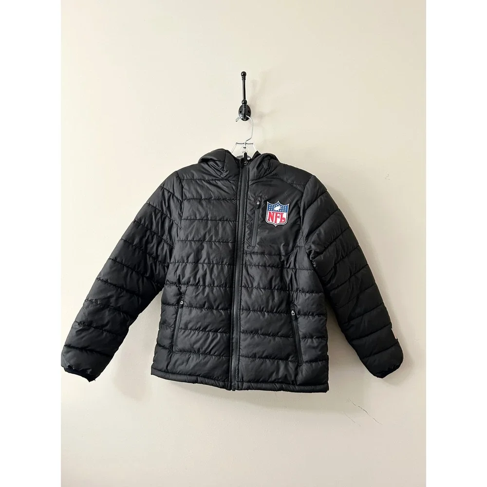 NFL Team Apparel Kids Puffer Jacket Black Hooded Quilted Coat Size 10-12